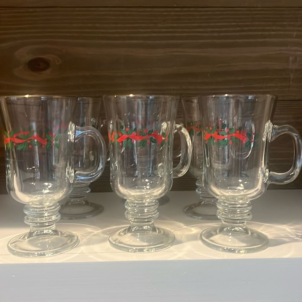 Libbey Vintage Holly Berry Christmas Gold Rim Irish Coffee Hot Chocolate Mugs